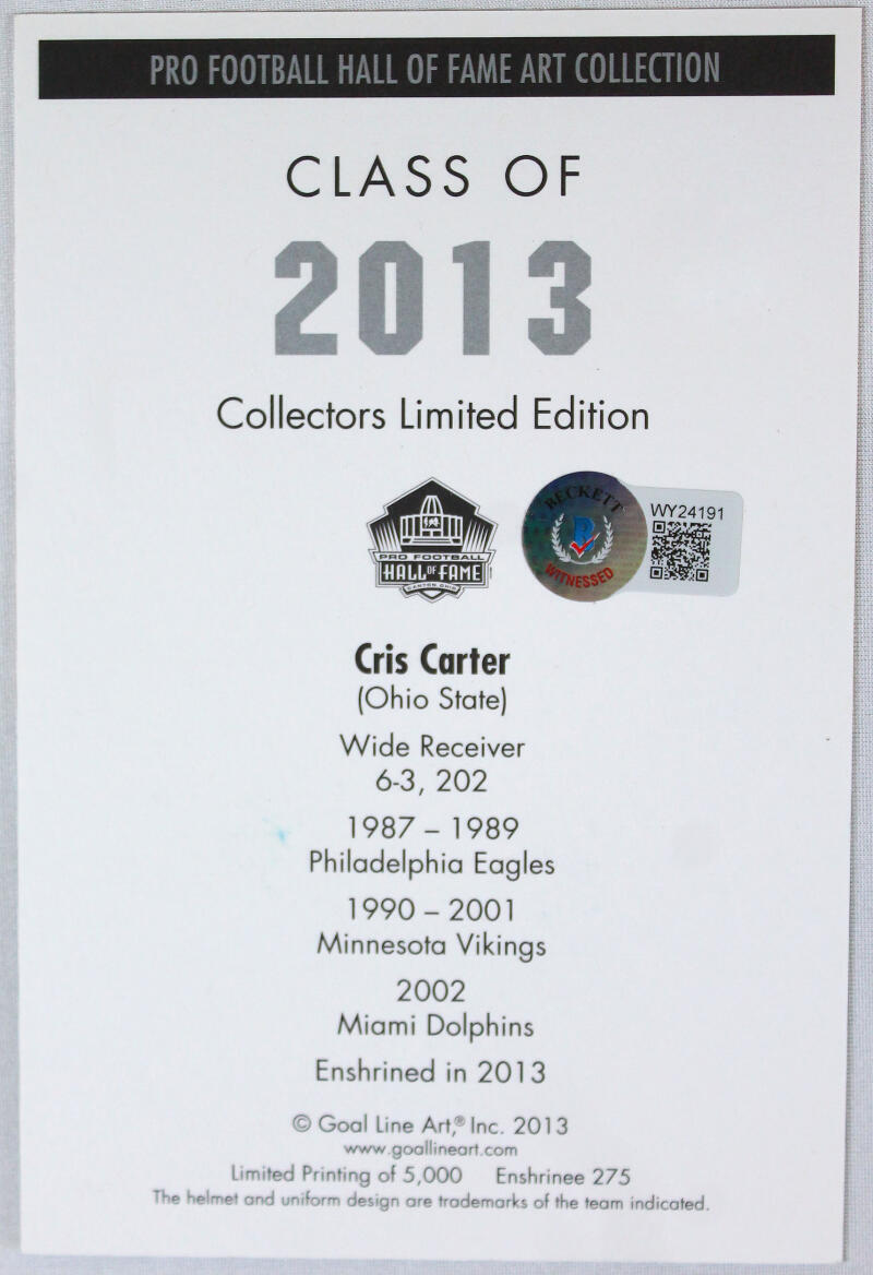 Cris Carter Autographed Minnesota Vikings Goal Line Art Card-Beckett W Hologram