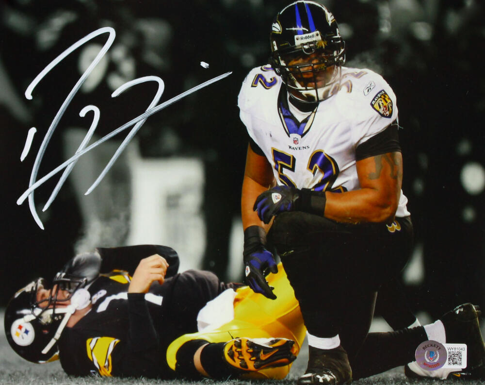 Ray Lewis Signed Baltimore Ravens 8x10 Over Roethlisberger Photo- Beckett W Holo