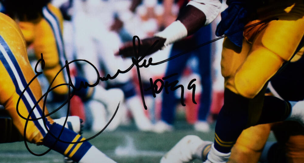 Eric Dickerson Signed Rams 16X20 Running w/ Ball HM Photo w HOF- Beckett W Holo