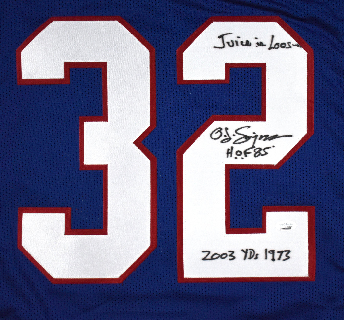 O.J, Simpson Autographed Blue Pro Style Jersey w/ 3 Insc. - JSA W *Black