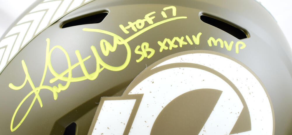 Kurt Warner Signed F/S Rams Salute to Service Speed Auth Helmet 2insc.-Beckett W