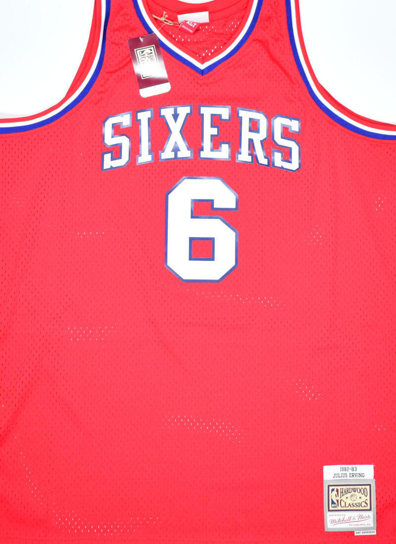 Julius Erving Autographed Red Mitchell & Ness Hardwood Jersey- Beckett W Holo