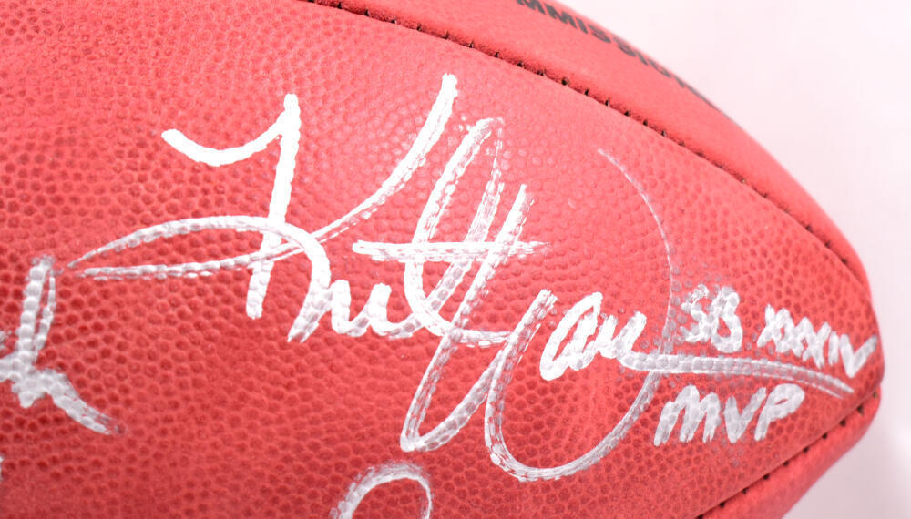 M. Faulk K. Warner D. Vermeil Autographed Wilson Duke Football-Beckett W Holo