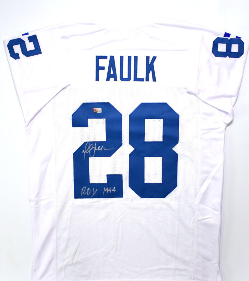 Marshall Faulk Autographed White Pro Style Jersey w/ ROY- Beckett W Hologram