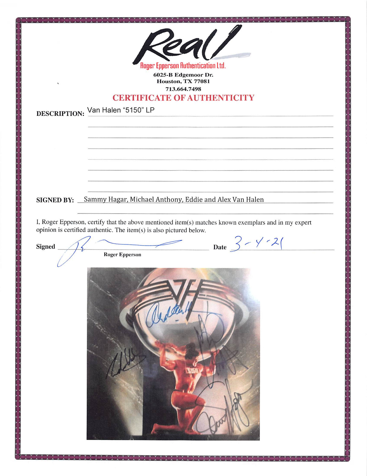 Van Halen (4) Eddie, Alex, Anthony & Hagar Signed 5150 Album Cover JSA #BB62237