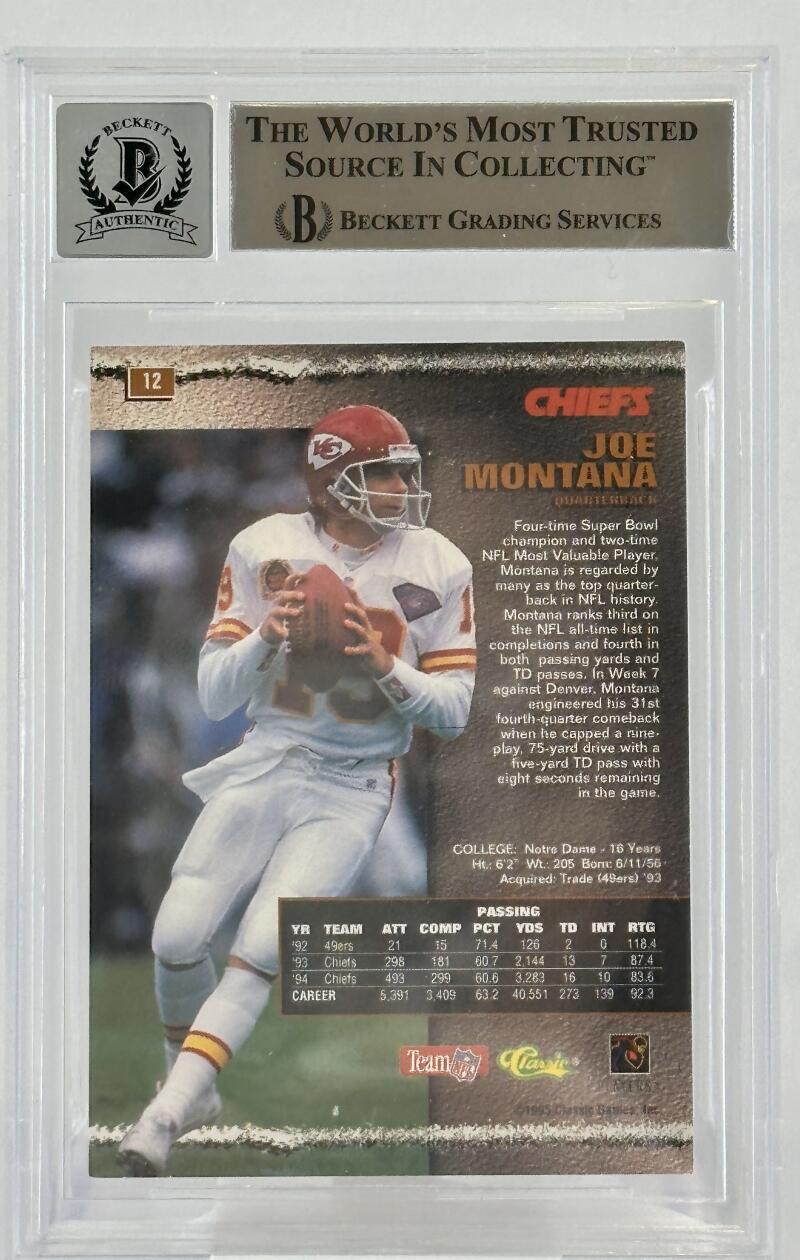 1995 Pro Line #12 Joe Montana Auto Kansas City Chiefs BGS Autograph 10