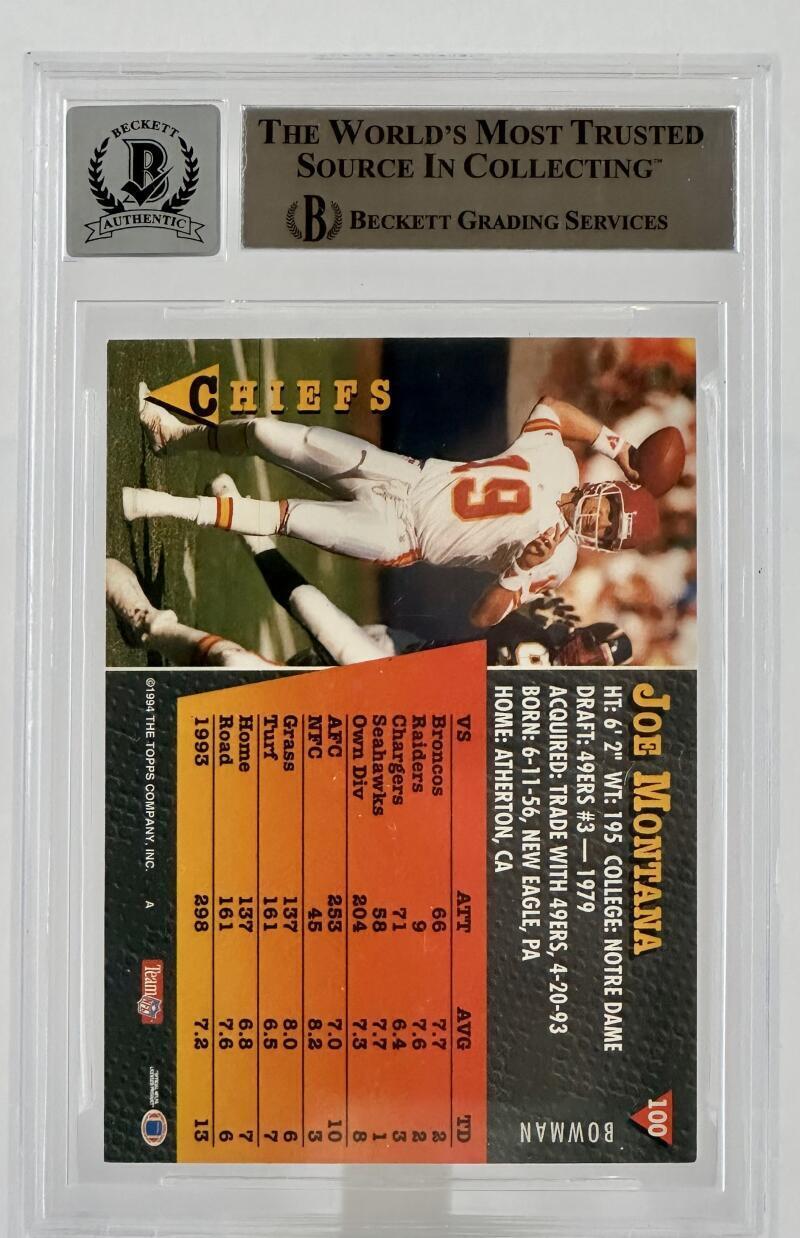 1994 Bowman #100 Joe Montana Auto Kansas City Chiefs BGS Autograph 10