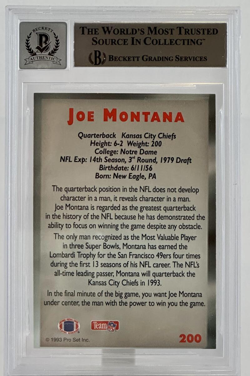 1993 Power Pro Set #200 Joe Montana Auto Kansas City Chiefs BGS Autograph 10