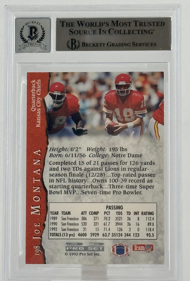 1993 Pro Set #198 Joe Montana Auto Kansas City Chiefs BGS Autograph 10