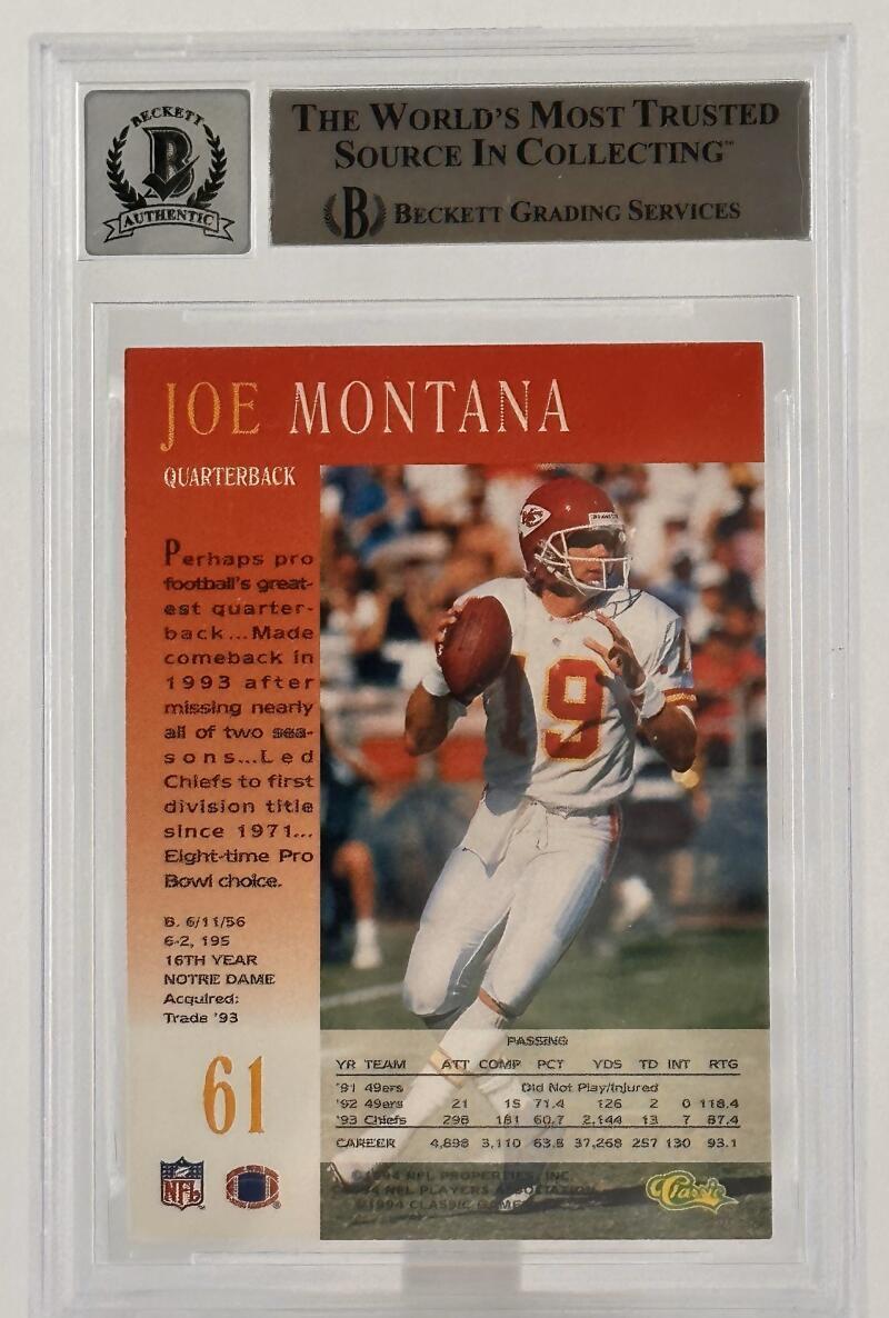 1994 Pro Line Live #61 Joe Montana Auto Kansas City Chiefs BGS Autograph 10