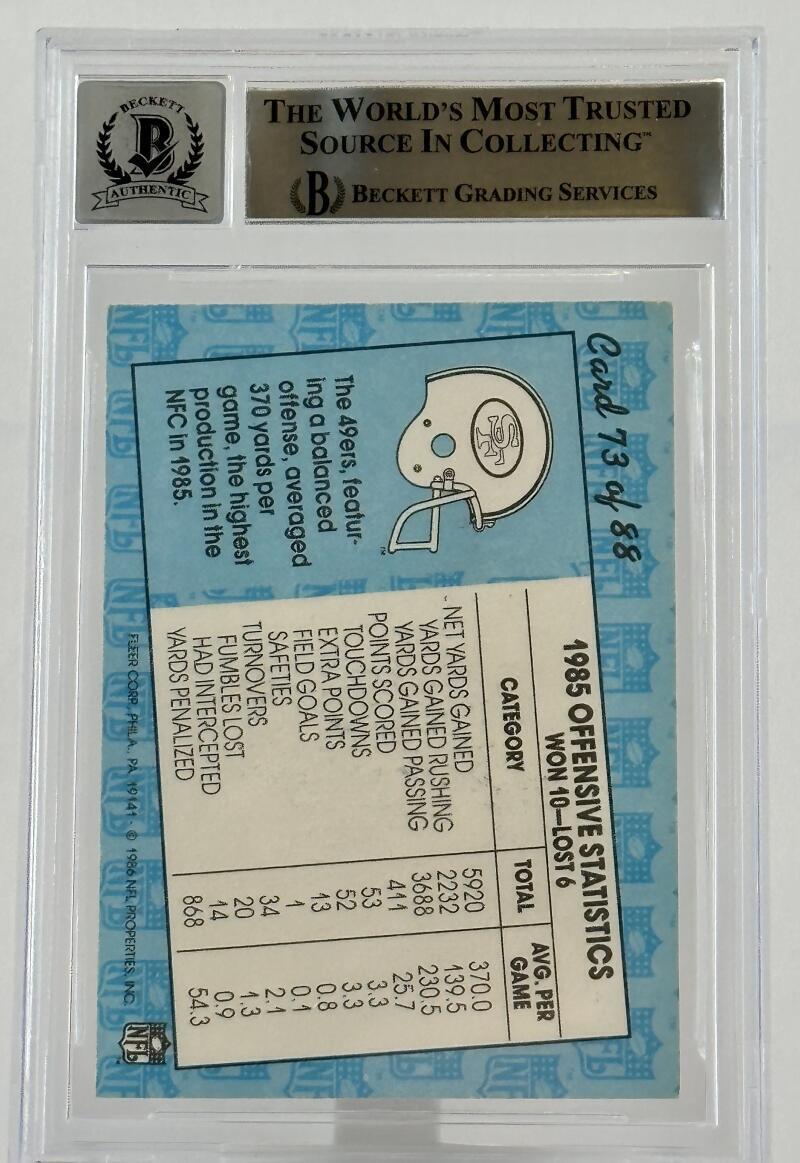 1986 Fleer Team Action #73 Joe Montana Auto SF 49ers BGS Autograph 10