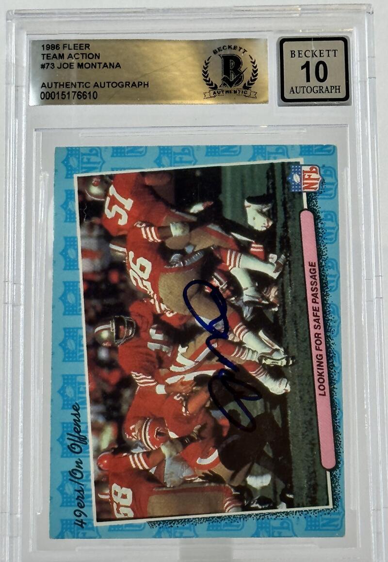 1986 Fleer Team Action #73 Joe Montana Auto SF 49ers BGS Autograph 10