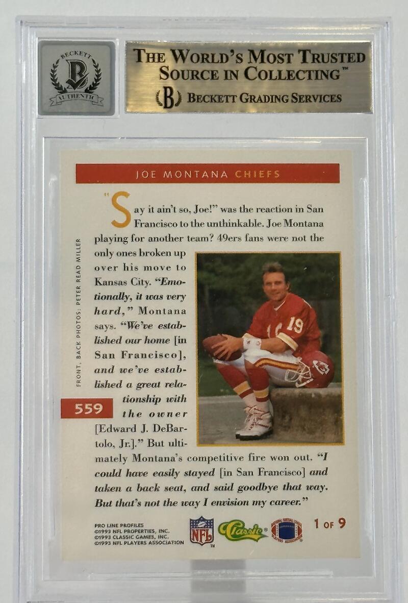 1993 Pro Line Profiles #559 Joe Montana Auto Kansas City Chiefs BGS Autograph 10