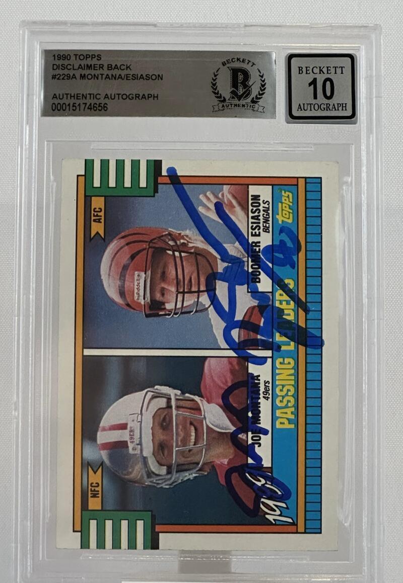 1990 Topps Disclaimer Back #229A Joe Montana Boomer Esiason Dual Auto BGS Auto10