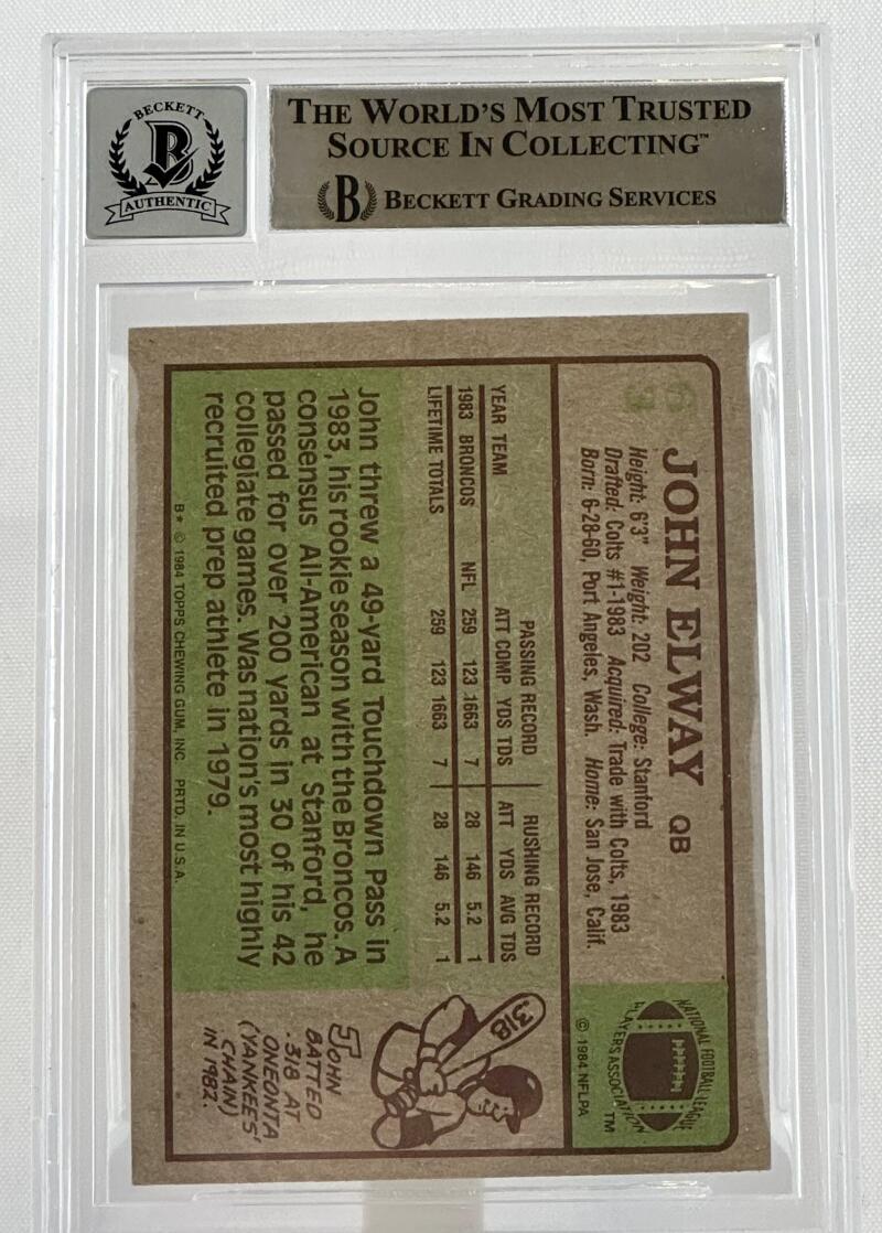 1984 Topps #63 John Elway Auto Denver Broncos BGS Autograph 10