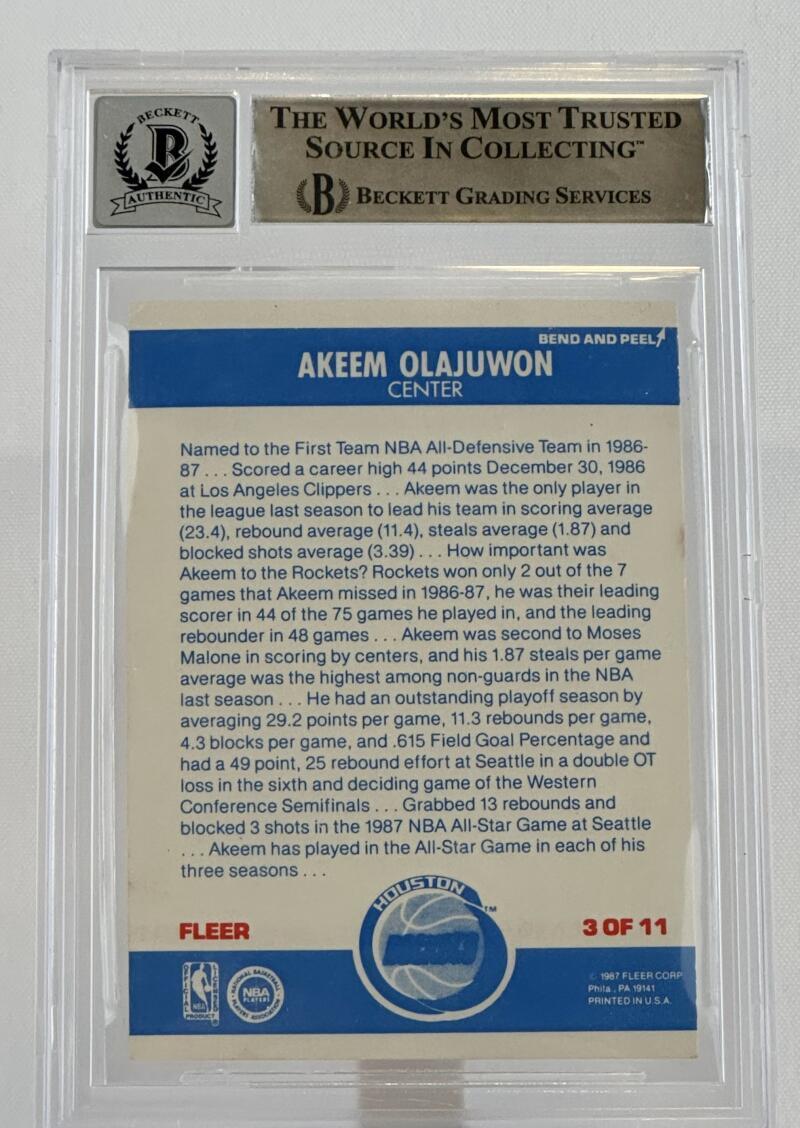 1987-88 Fleer Stickers #3 Hakeem Olajuwon Houston Rockets BGS Autograph 10