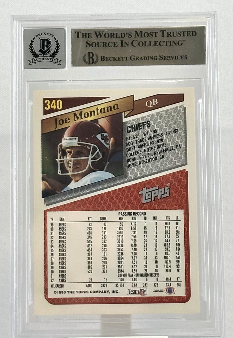 1993 Topps #340 Joe Montana Auto Kansas City Chiefs BGS Autograph 10