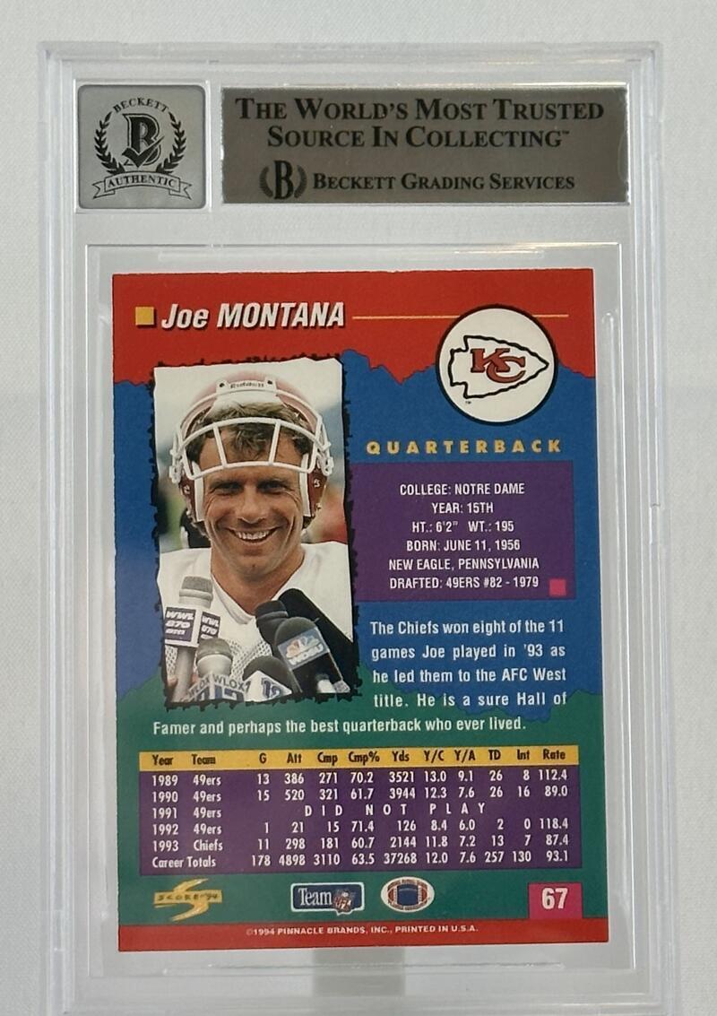 1994 Score #67 Joe Montana Auto Kansas City Chiefs BGS Autograph 10