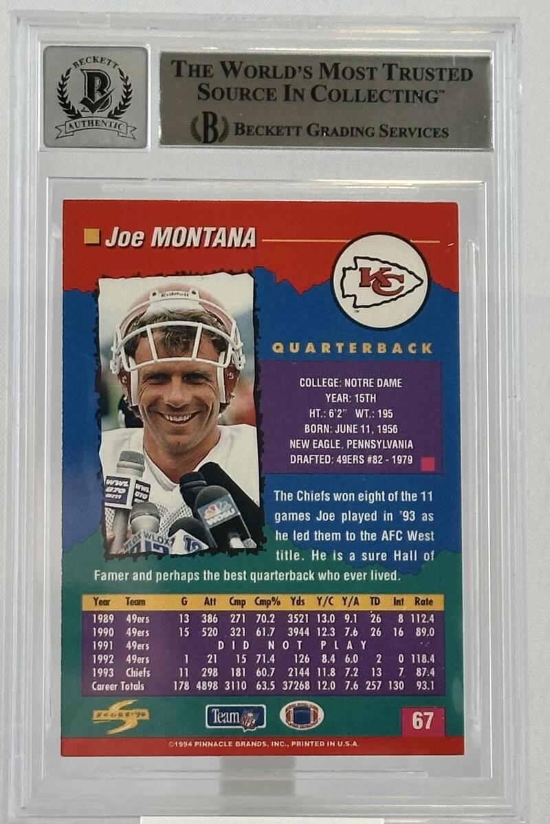 1994 Score #67 Joe Montana Auto Kansas City Chiefs BGS Autograph 10