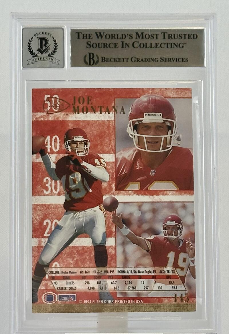 1994 Ultra #145 Joe Montana Auto Kansas City Chiefs BGS Autograph 10