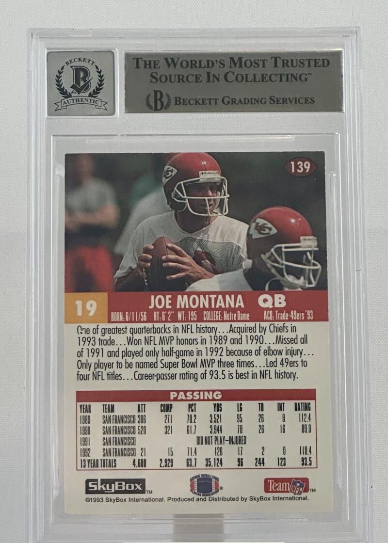 1993 Skybox Impact #139 Joe Montana Auto Kansas City Chiefs BGS Autograph 10