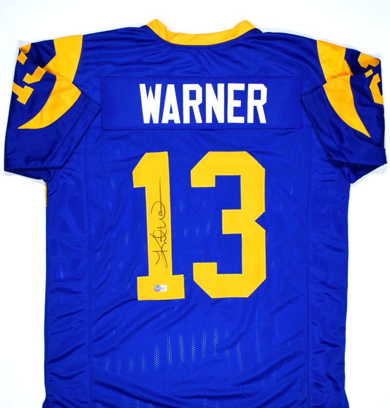 Kurt Warner Autographed Blue Yellow Pro Style Jersey - Beckett W Hologram *Black