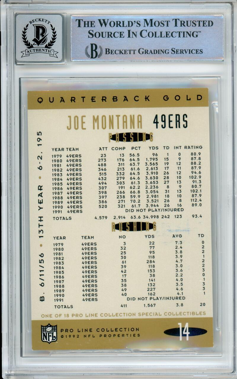1992 Pro Line Portraits QB Gold #14 Joe Montana San Francisco 49ers BGS Auto 10