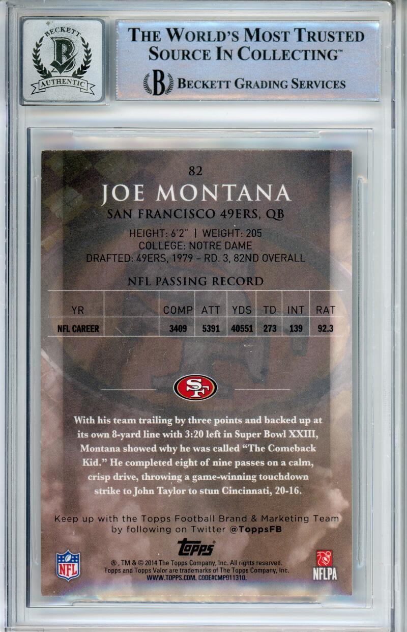 2014 Topps Valor #82 Joe Montana San Francisco 49ers BGS Autograph 10