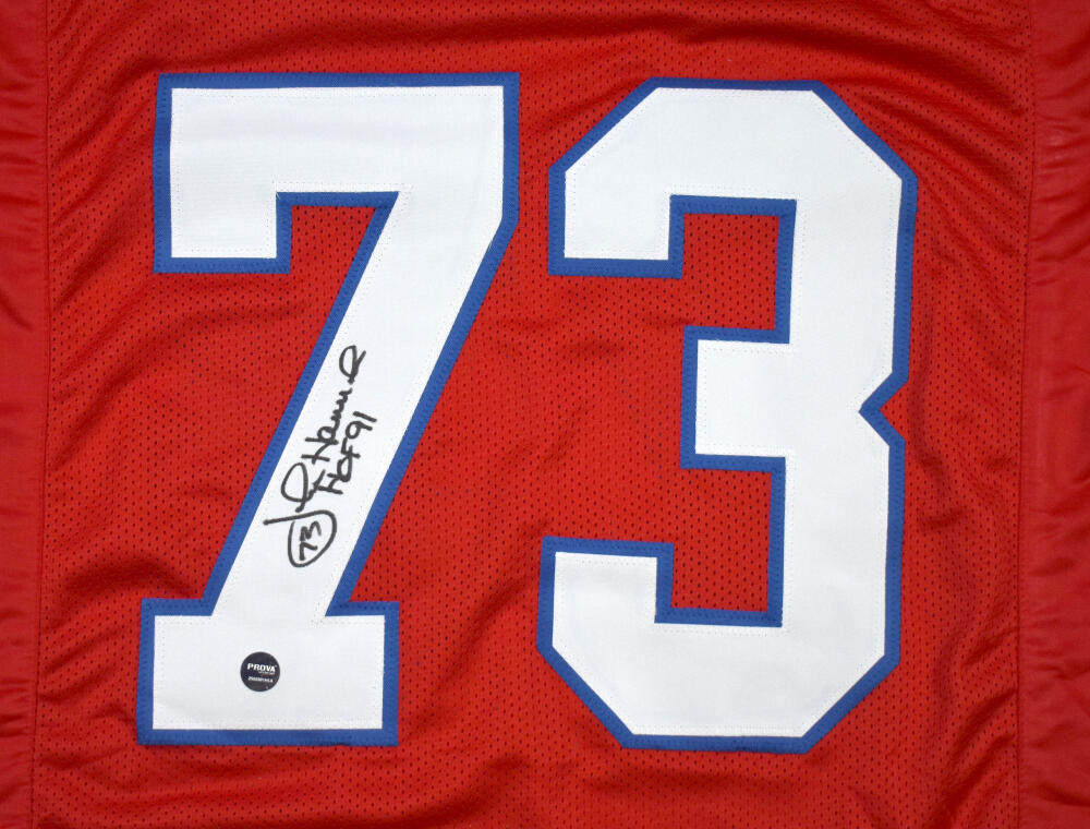 John Hannah Autographed Red Pro Style Jersey w/HOF - Prova *Black