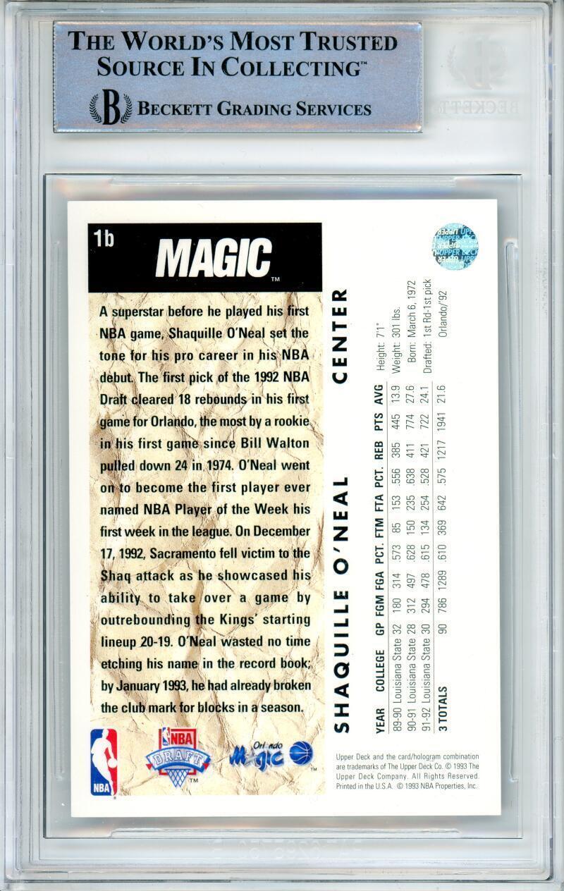 1992-93 Upper Deck #1B Shaquille O'neal Trade RC Orlando Magic BGS Autograph 10