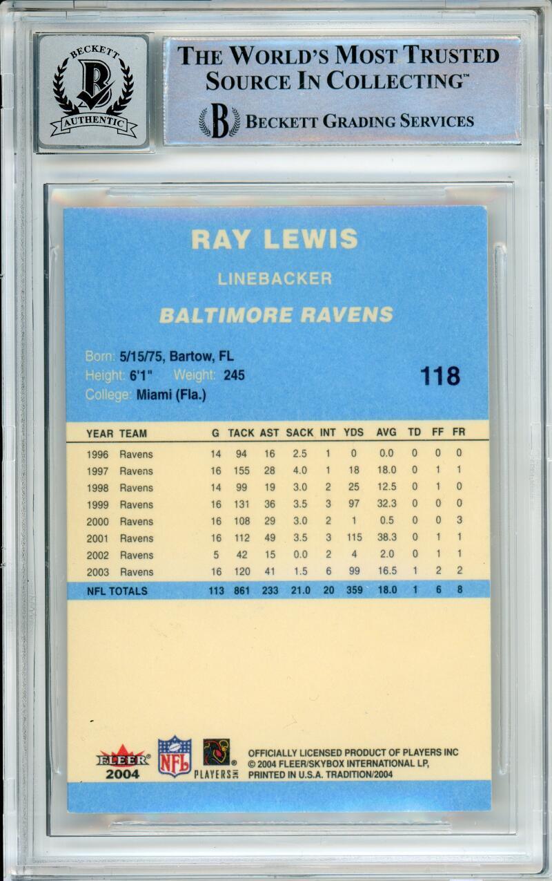 2004 Fleer Tradition Blue #118 Ray Lewis Baltimore Ravens BGS Autograph 10