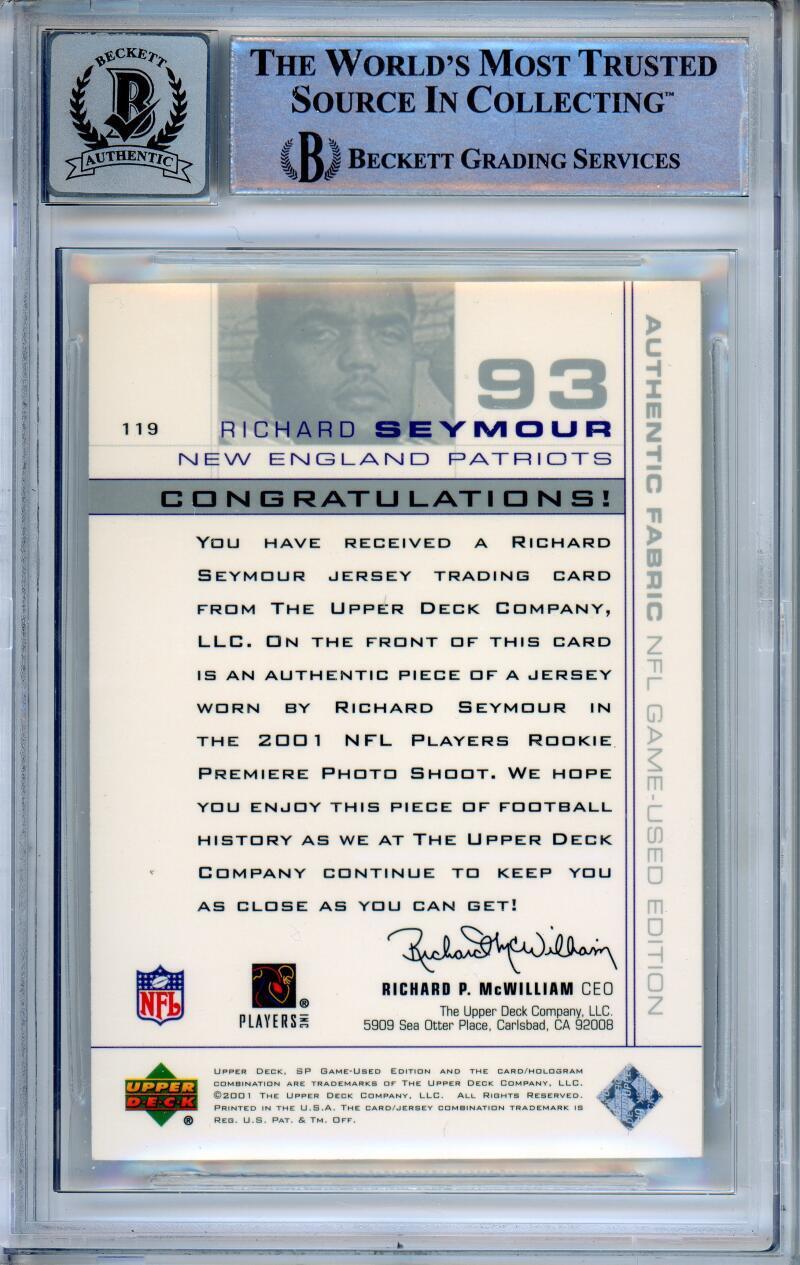 2001 Upper Deck SP Game Used Edition #119 Richard Seymour RC BGS Autograph 10