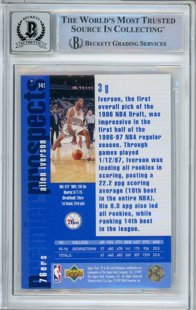 1996-97 Upper Deck SP #141 Allen Iverson RC 76ers BGS Autograph 10