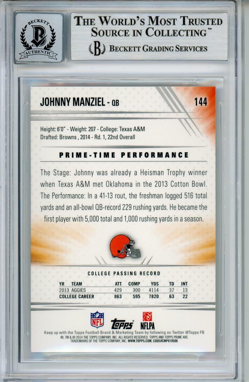 2014 Topps Prime #144A Johnny Manziel RC Cleveland Browns BGS Autograph 10