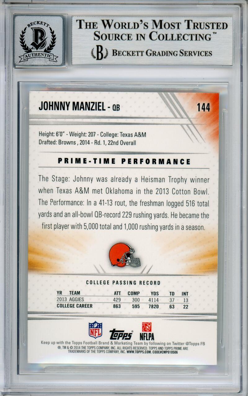 2014 Topps Prime #144A Johnny Manziel RC Cleveland Browns BGS Autograph 10