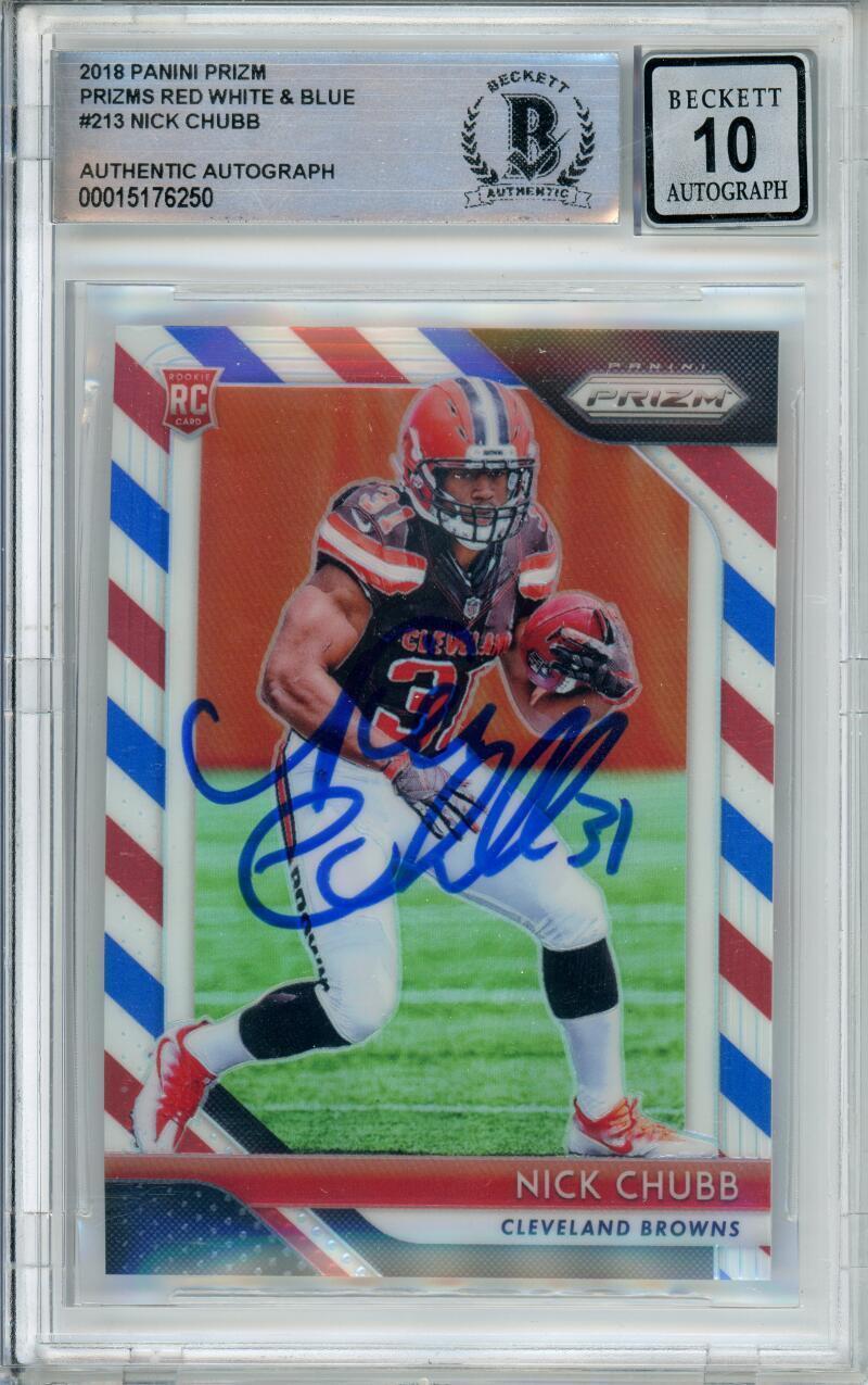 2018 Panini Prizm Red, White, & Blue #213 Nick Chubb RC Browns BGS Autograph 10