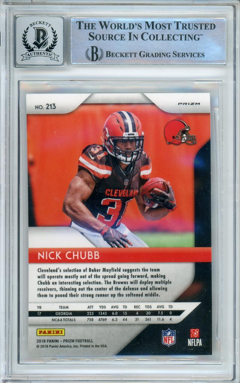 2018 Panini Prizm Red, White, & Blue #213 Nick Chubb RC Browns BGS Autograph 10