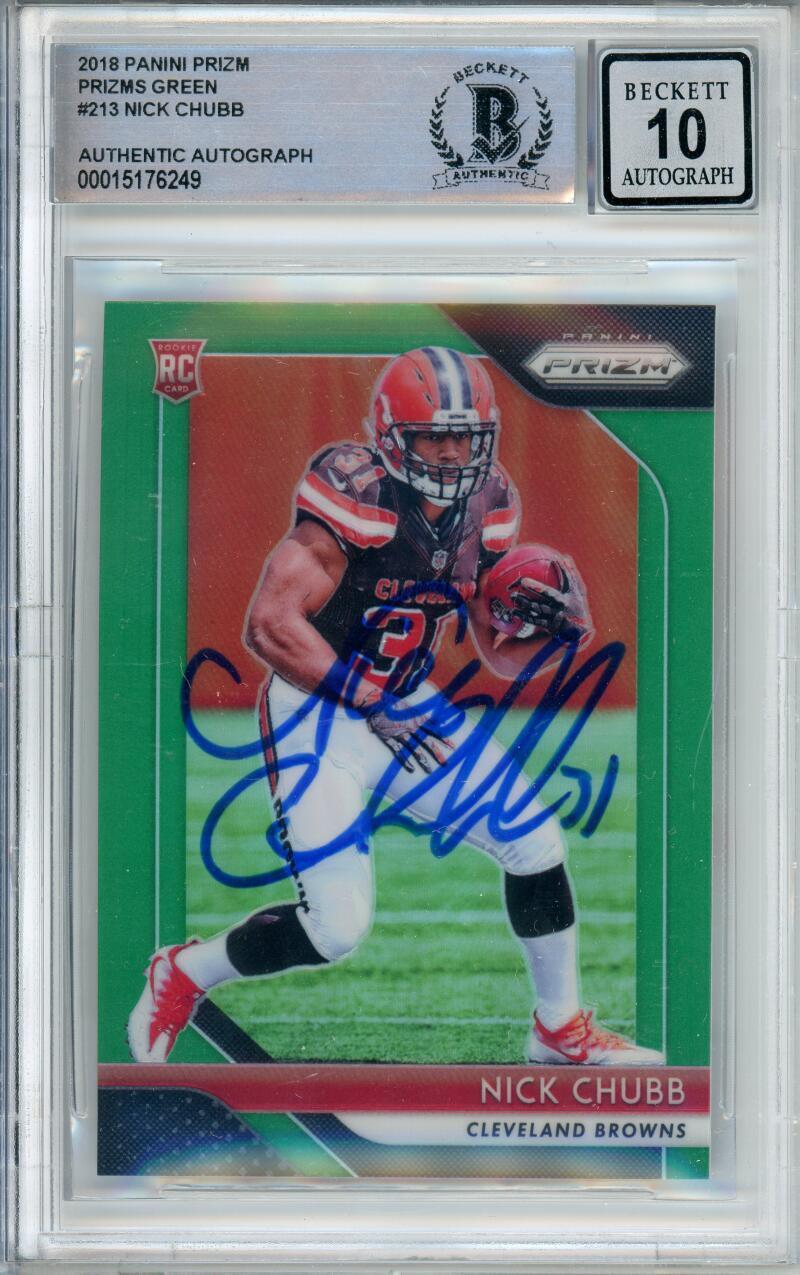 2018 Panini Prizm Green #213 Nick Chubb RC Cleveland Browns BGS Autograph 10