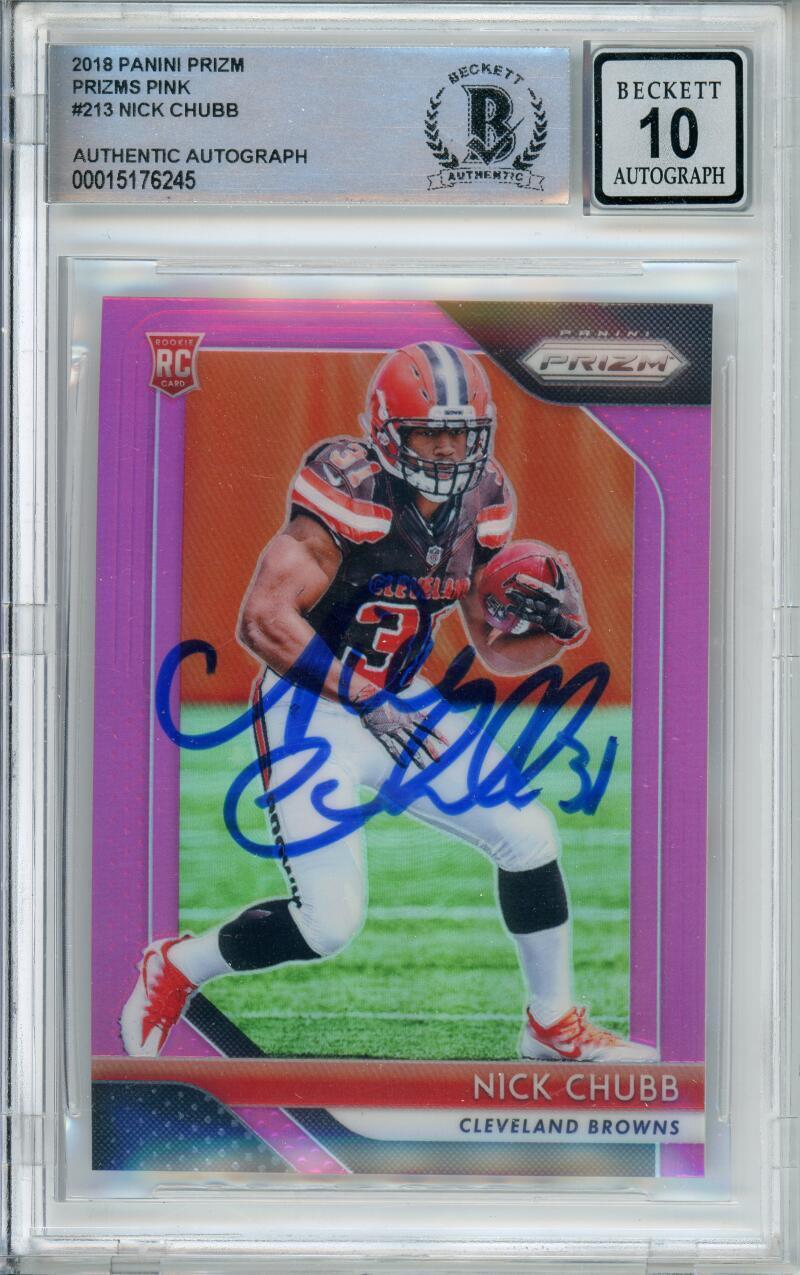 2018 Panini Prizm Pink #213 Nick Chubb RC Cleveland Browns BGS Autograph 10