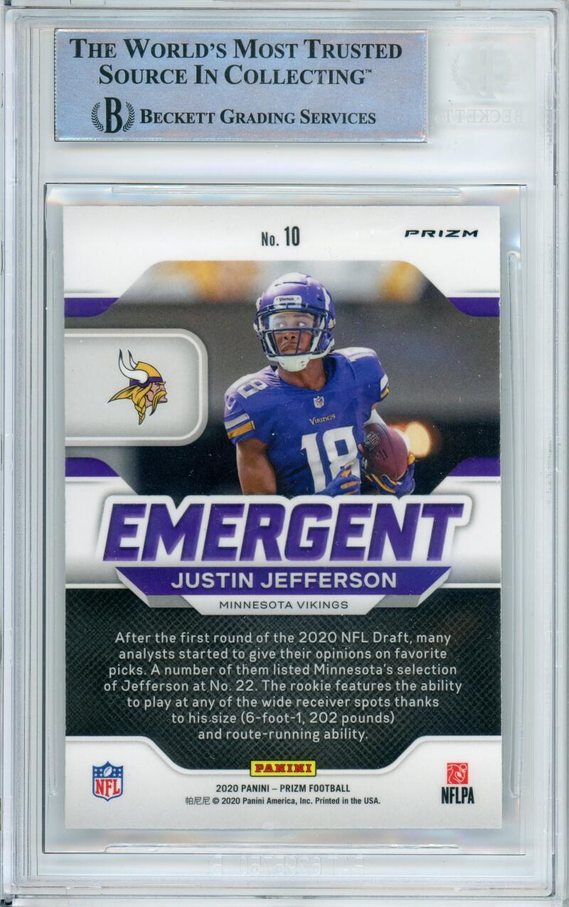 2020 Panini Prizm Emergent No Huddle #10 Justin Jefferson RC Vikings BGS Auto 10