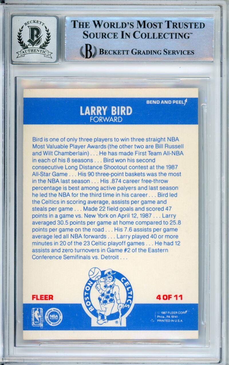 1987-88 Fleer Sticker #4 Larry Bird Boston Celtics BGS Autograph 10
