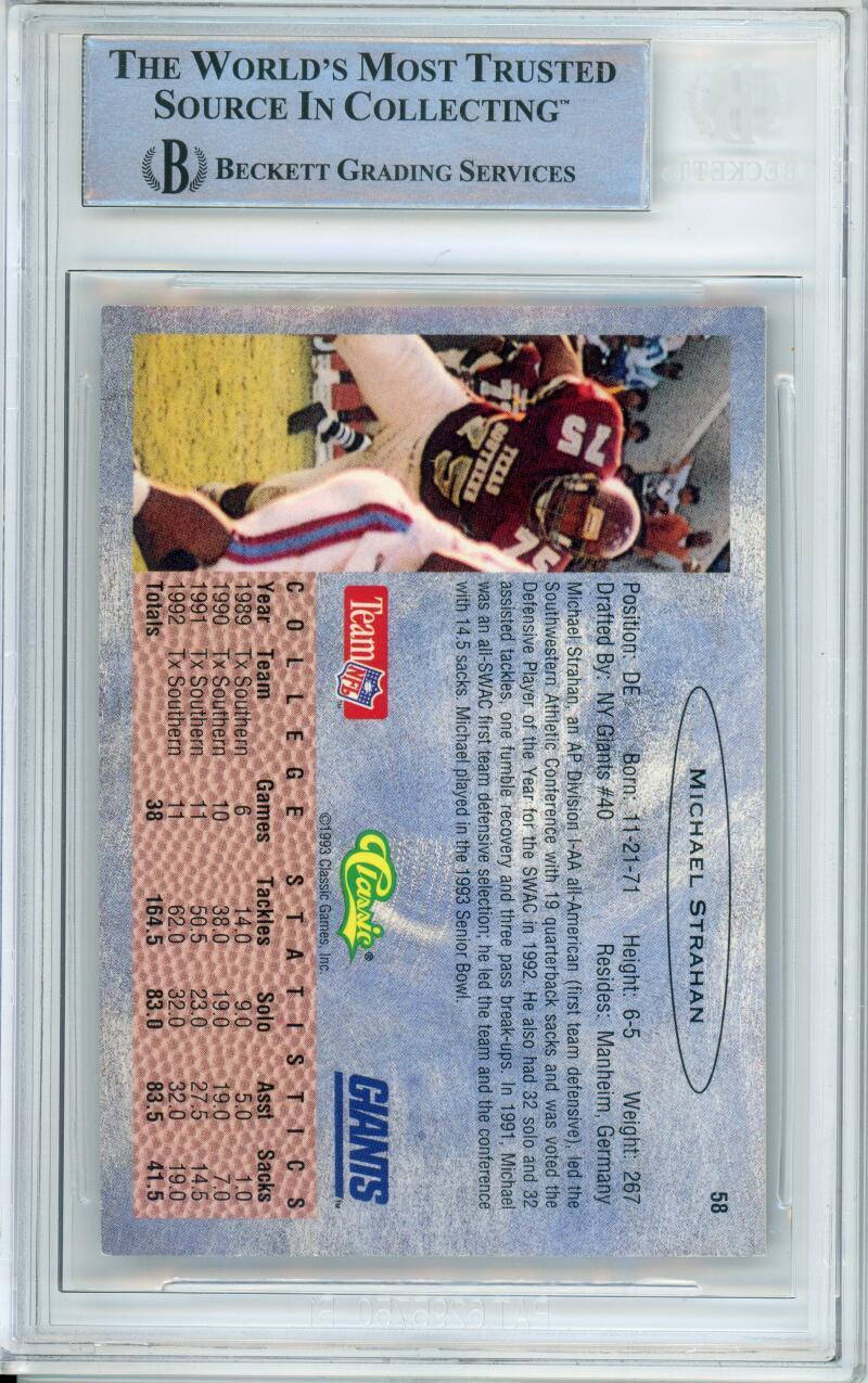 1993 Classic #58 Michael Strahan RC New York Giants BGS Autograph 10