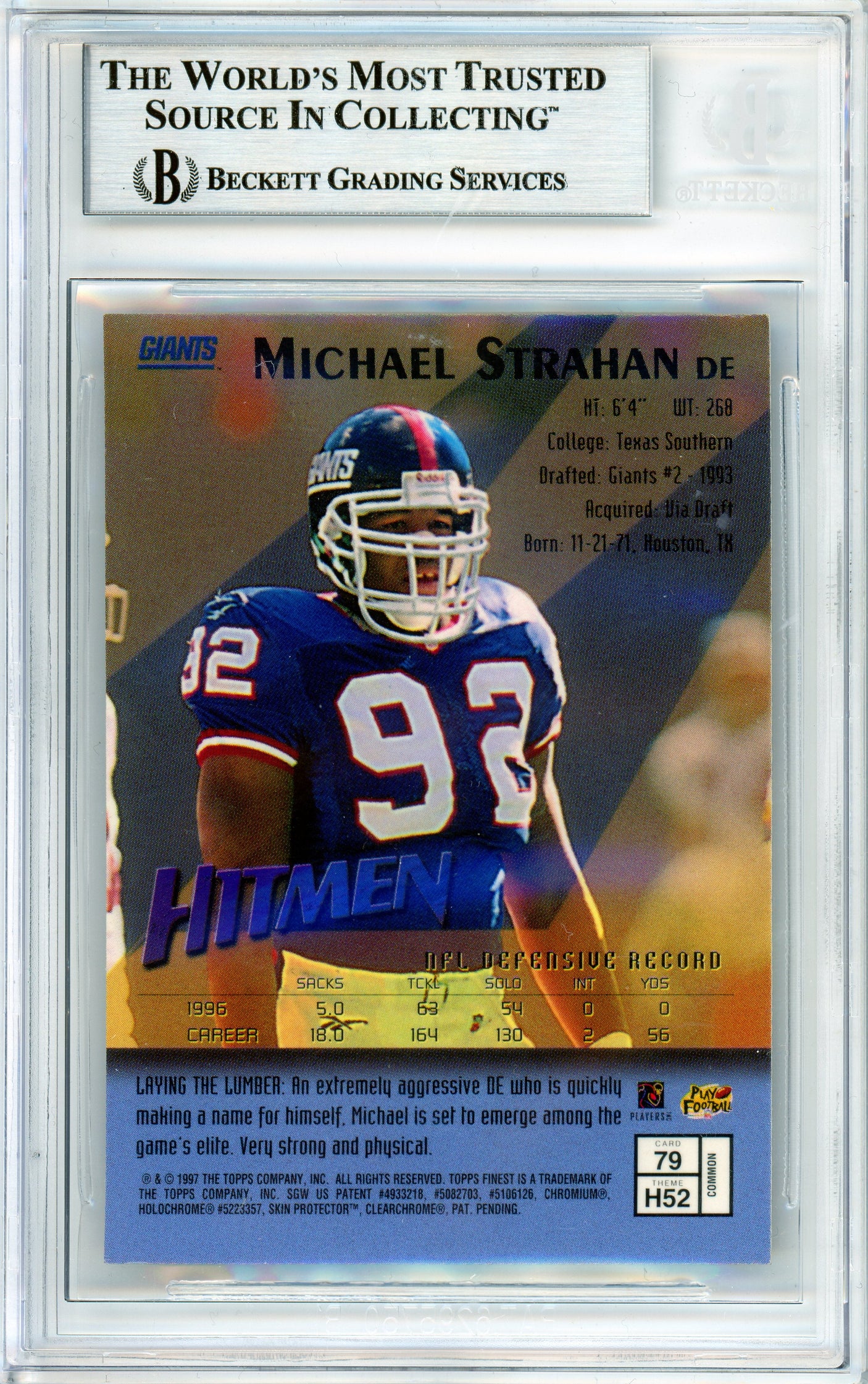 1997 Topps Finest Hitmen #79 Michael Strahan New York Giants BGS Autograph 10