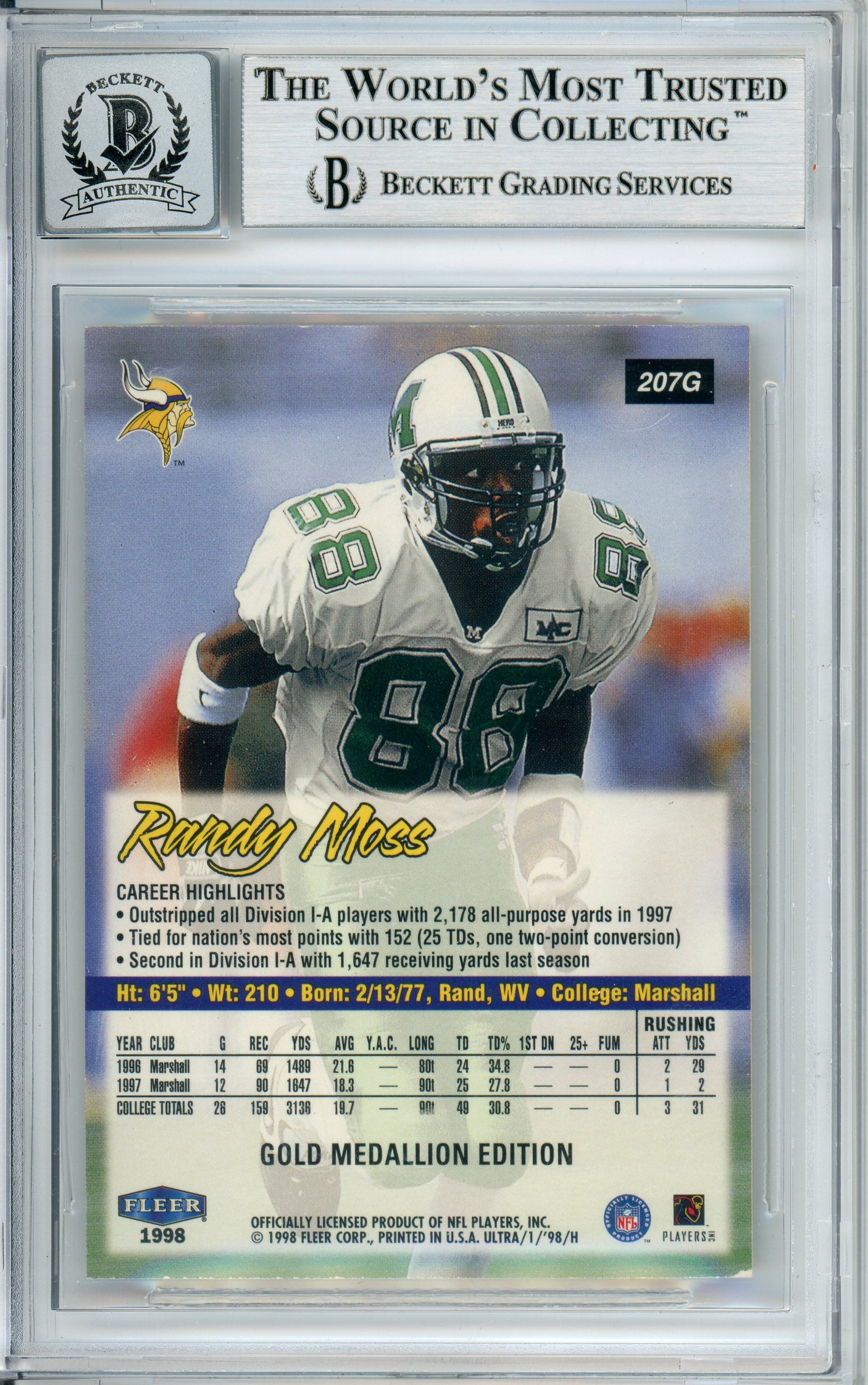 1998 Fleer Ultra Gold Medallion #207G Randy Moss RC Vikings BGS Autograph 10