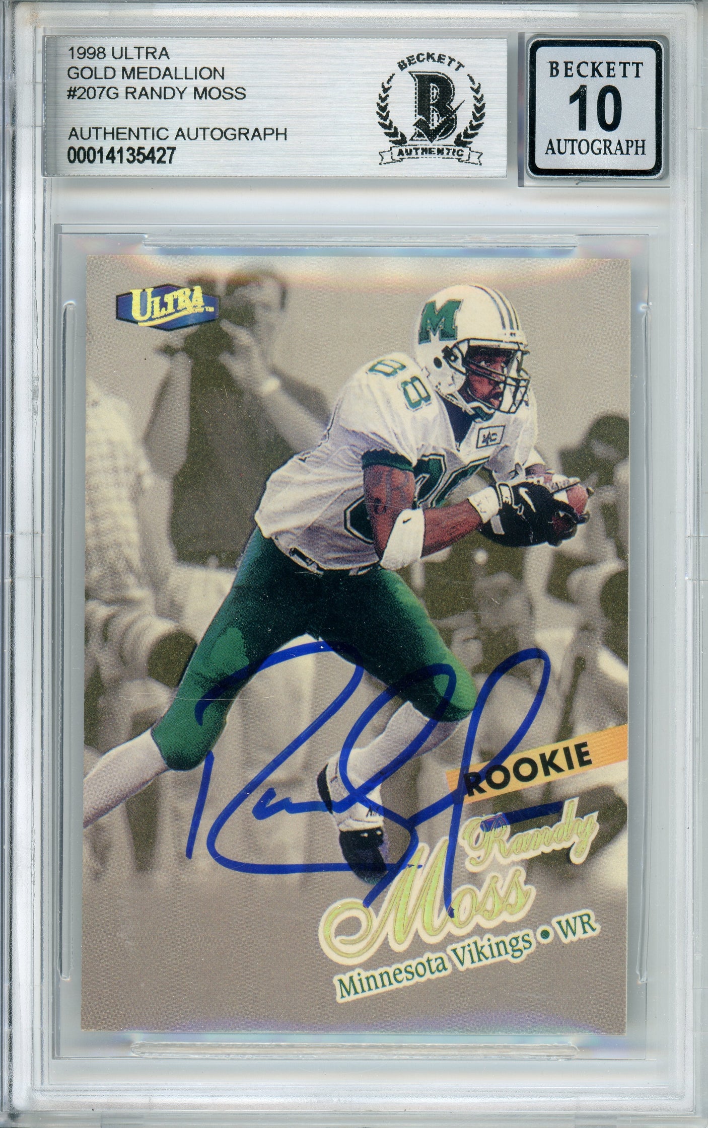 1998 Fleer Ultra Gold Medallion #207G Randy Moss RC Vikings BGS Autograph 10
