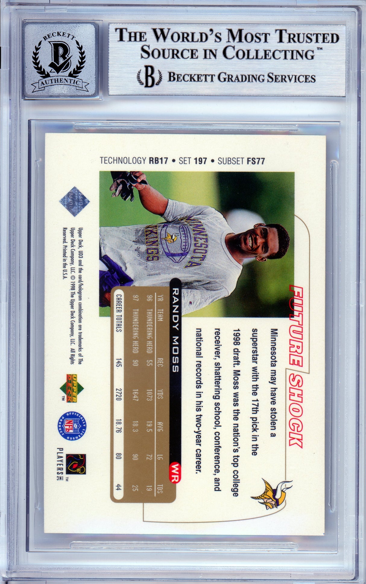 1998 Upper Deck UD3 #197 Randy Moss RC Minnesota Vikings BGS Autograph 10