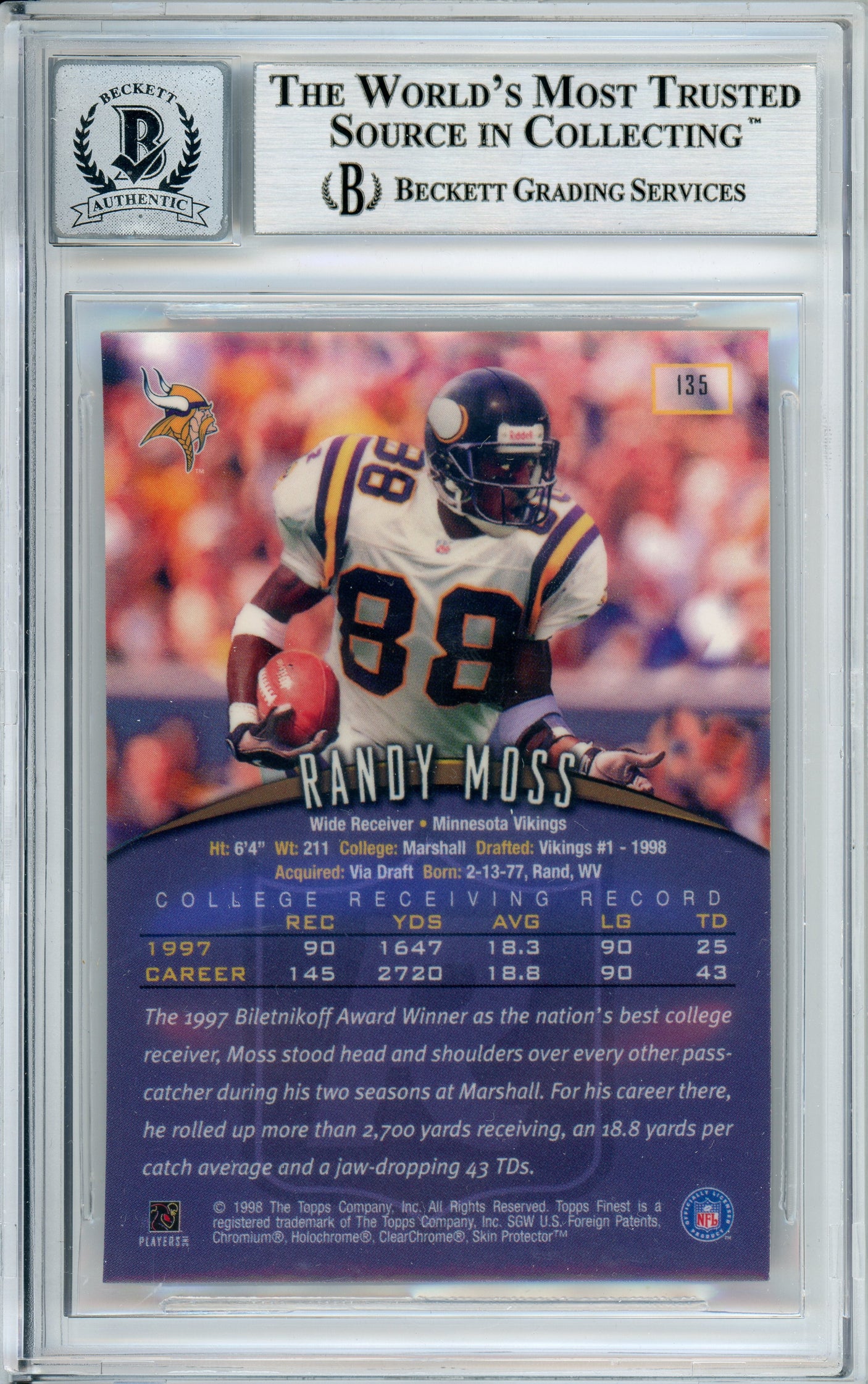 1998 Topps Finest #135 Randy Moss RC Minnesota Vikings BGS Autograph 10