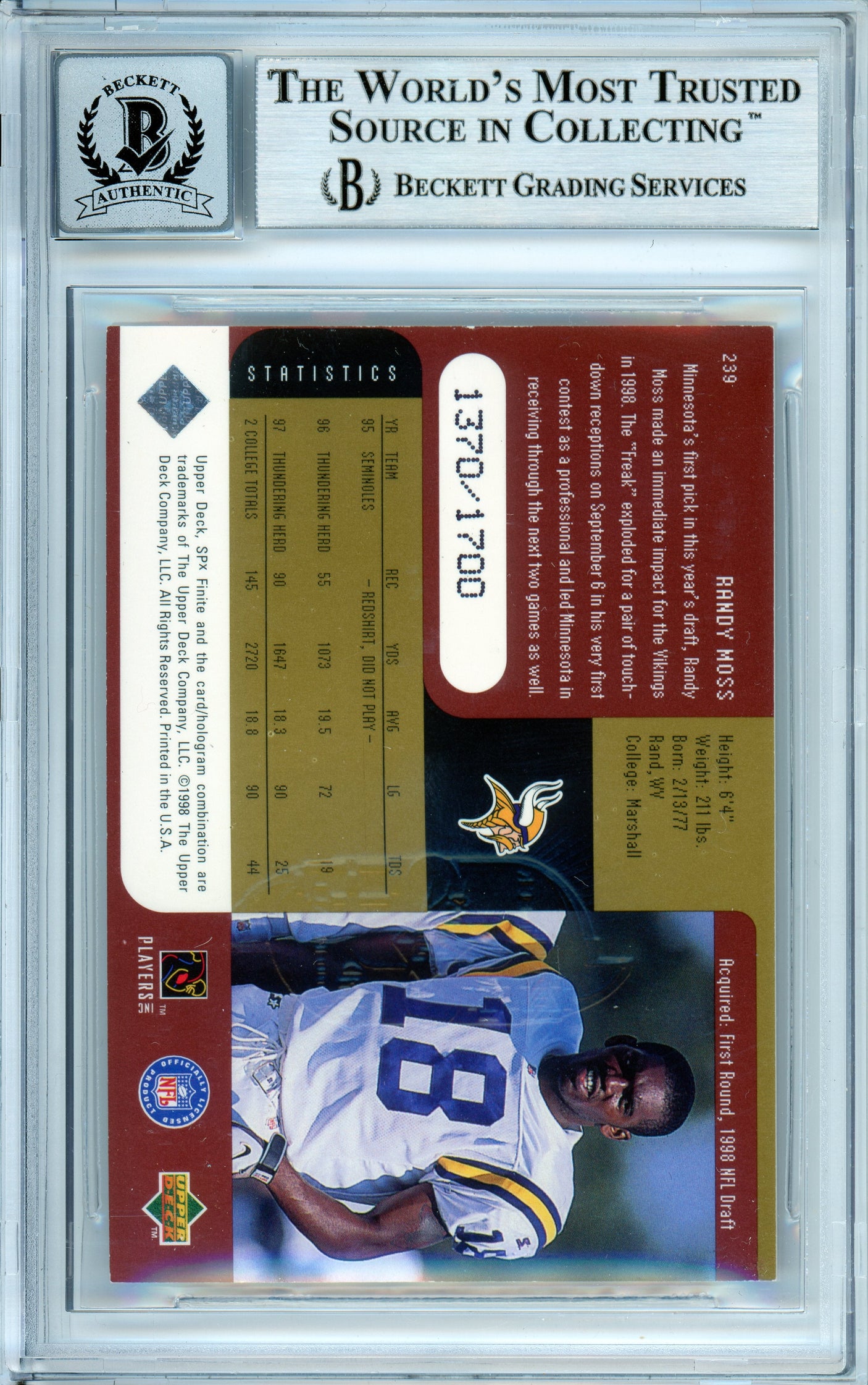 1998 SPX Finite Radiance #239 Randy Moss RC Minnesota Vikings BGS Autograph 10