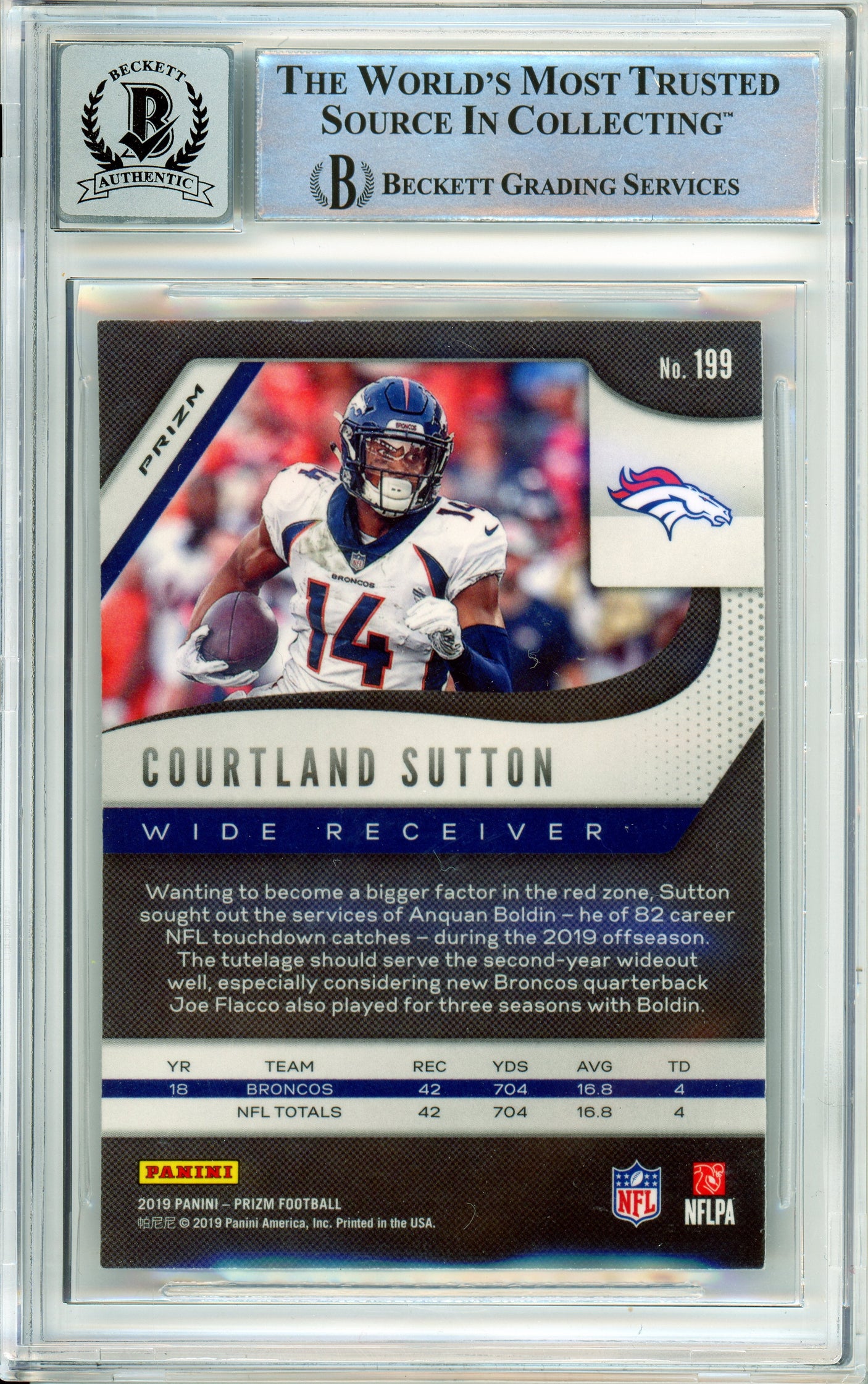 2019 Panini Prizm Red Cracked Ice #199 Courtland Sutton Broncos BGS Autograph 10