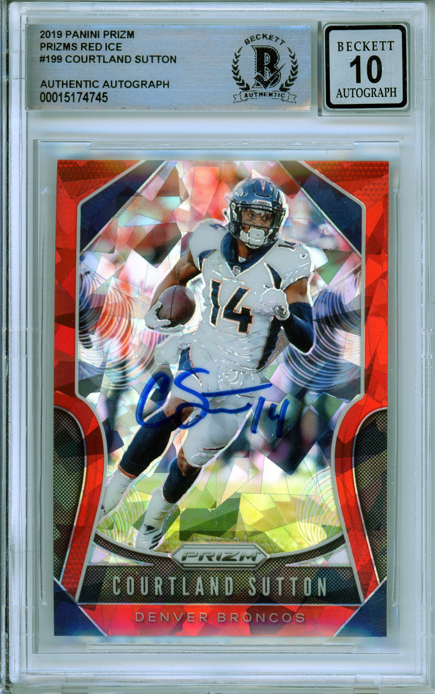 2019 Panini Prizm Red Cracked Ice #199 Courtland Sutton Broncos BGS Autograph 10